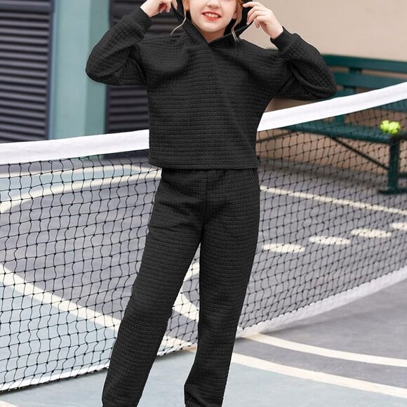 Girls 2 Piece Outfit Waffle Knit Pullover Hooded Sweatshirt and Sweatpants Sets - Picture 4 of 7